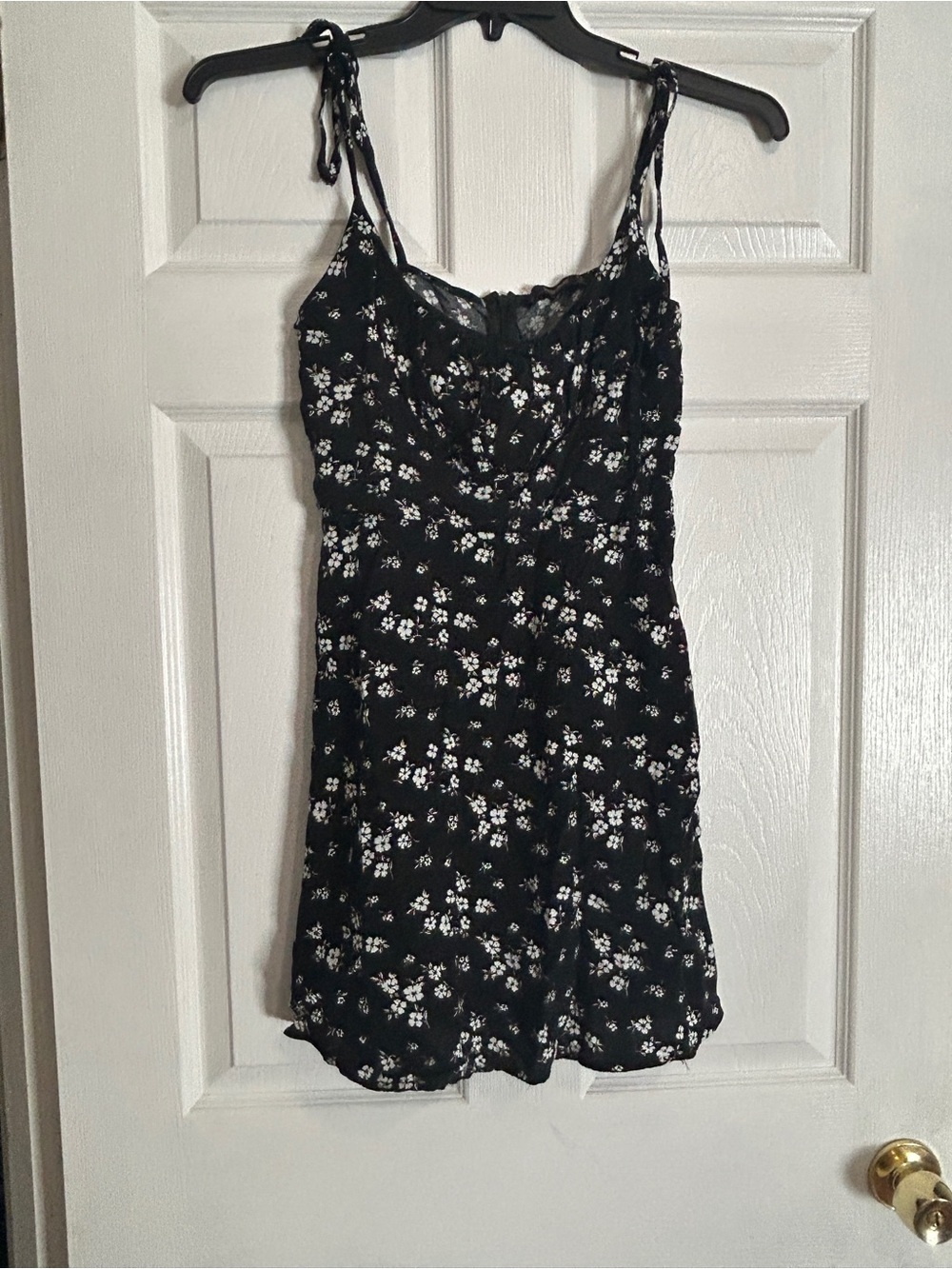Black Mini Dress with White Floral Print and Tie Straps